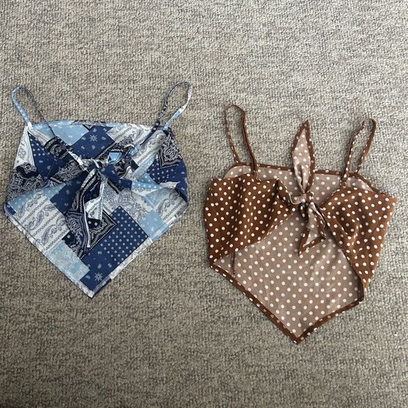 XS POLKA DOT TIED BACKLESS BANDANA CAMI TOP (BROWN) & LARGE BLUE BACKLESS TOP - Picture 2 of 6
